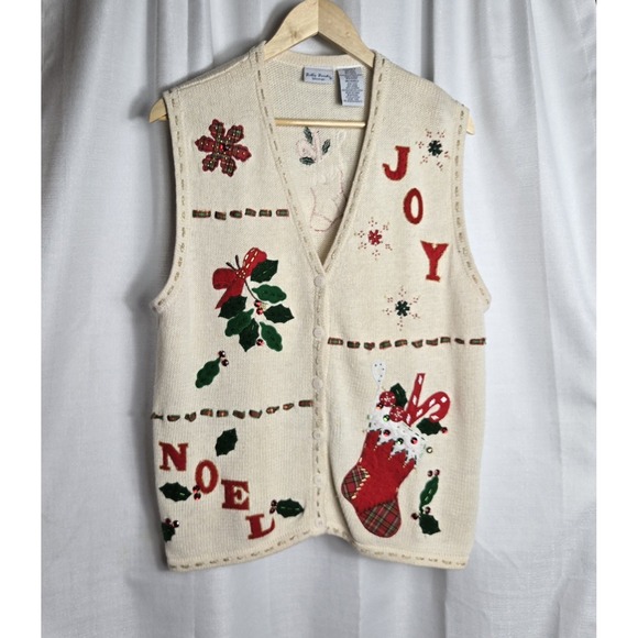 Bobbie Brooks Sweaters - Vtg Bobbie Brooks Woman Cream Christmas Vest Noel Joy Embroidery Beads Ugly XL